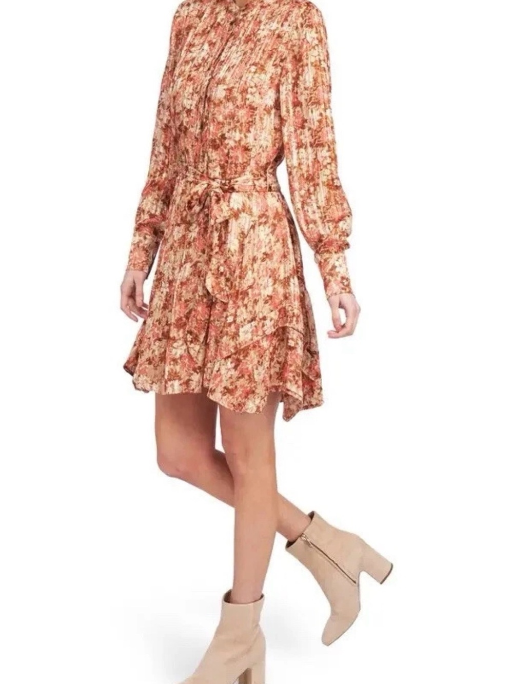 En Saison Rust Floral Long-Sleeve Tie-Waist Mini Dress New